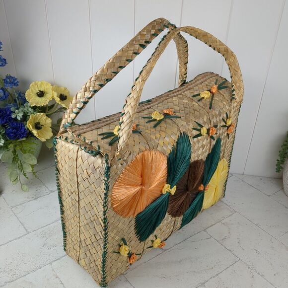 Vintage Large Woven Straw Raffia Bag Tote 1960s MCM Beach Floral - Picture 3 of 16